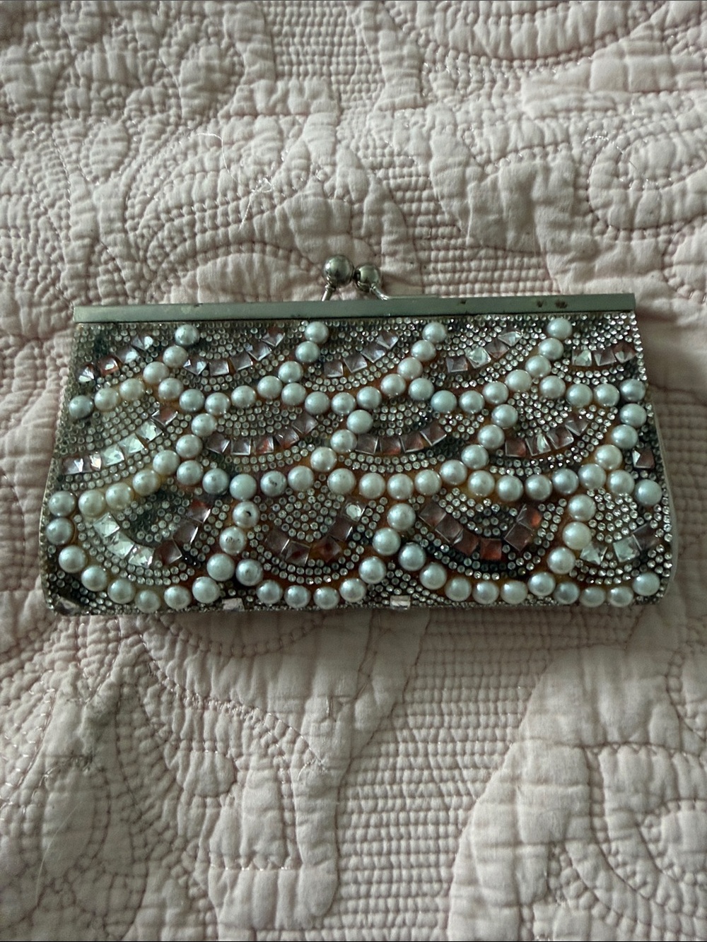 RSVP Pearl & Crystal Embellished Clutch in Silver
